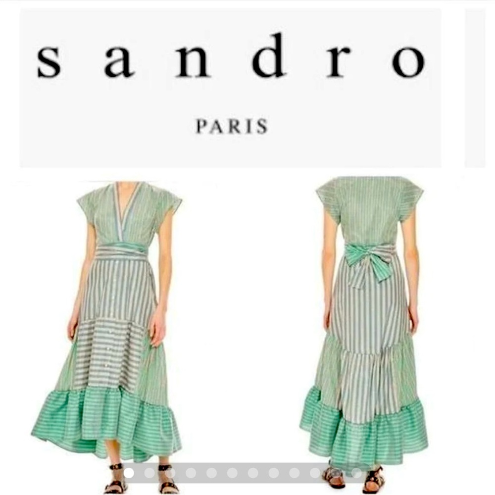 Sandro Yousra Green Striped Wrap Midi Dress